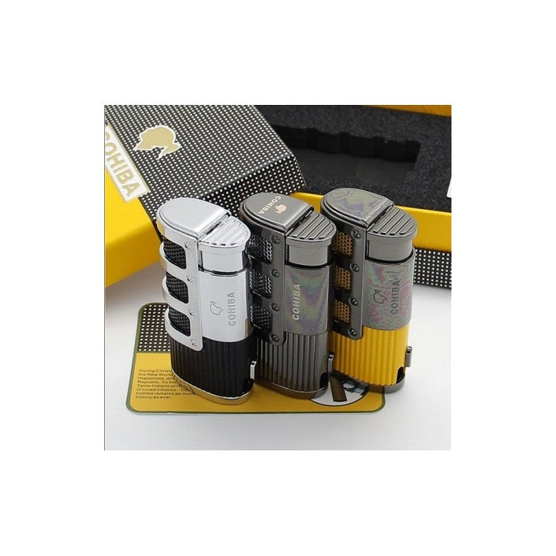 COHIBA Gridding Stripes Windproof Butane Gas 3 Torch Jet Flame Cigar Lighter With Punch